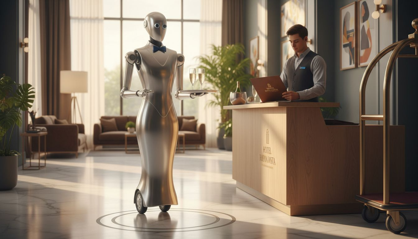 Un robot recibe a los huéspedes en la recepción de un hotel moderno.