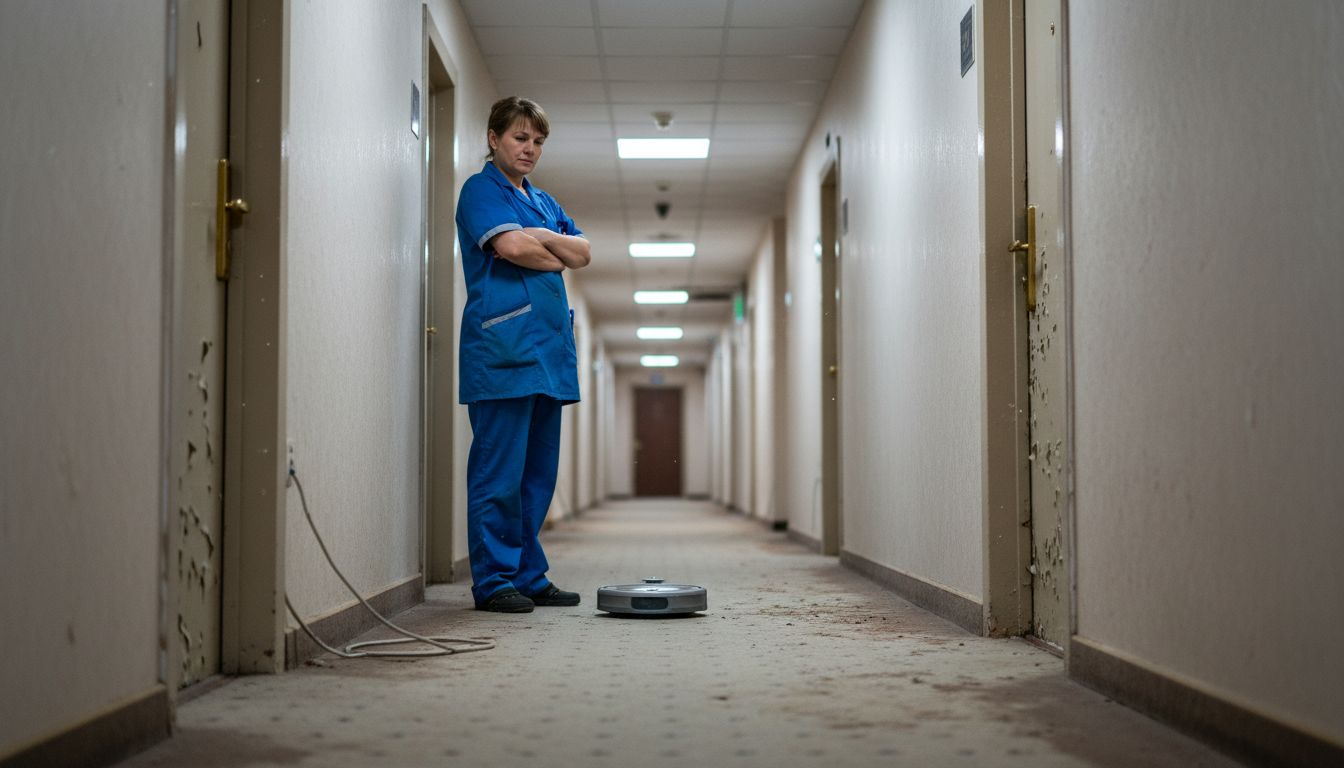 Un robot de limpieza recorre el pasillo del hotel realizando sus tareas.