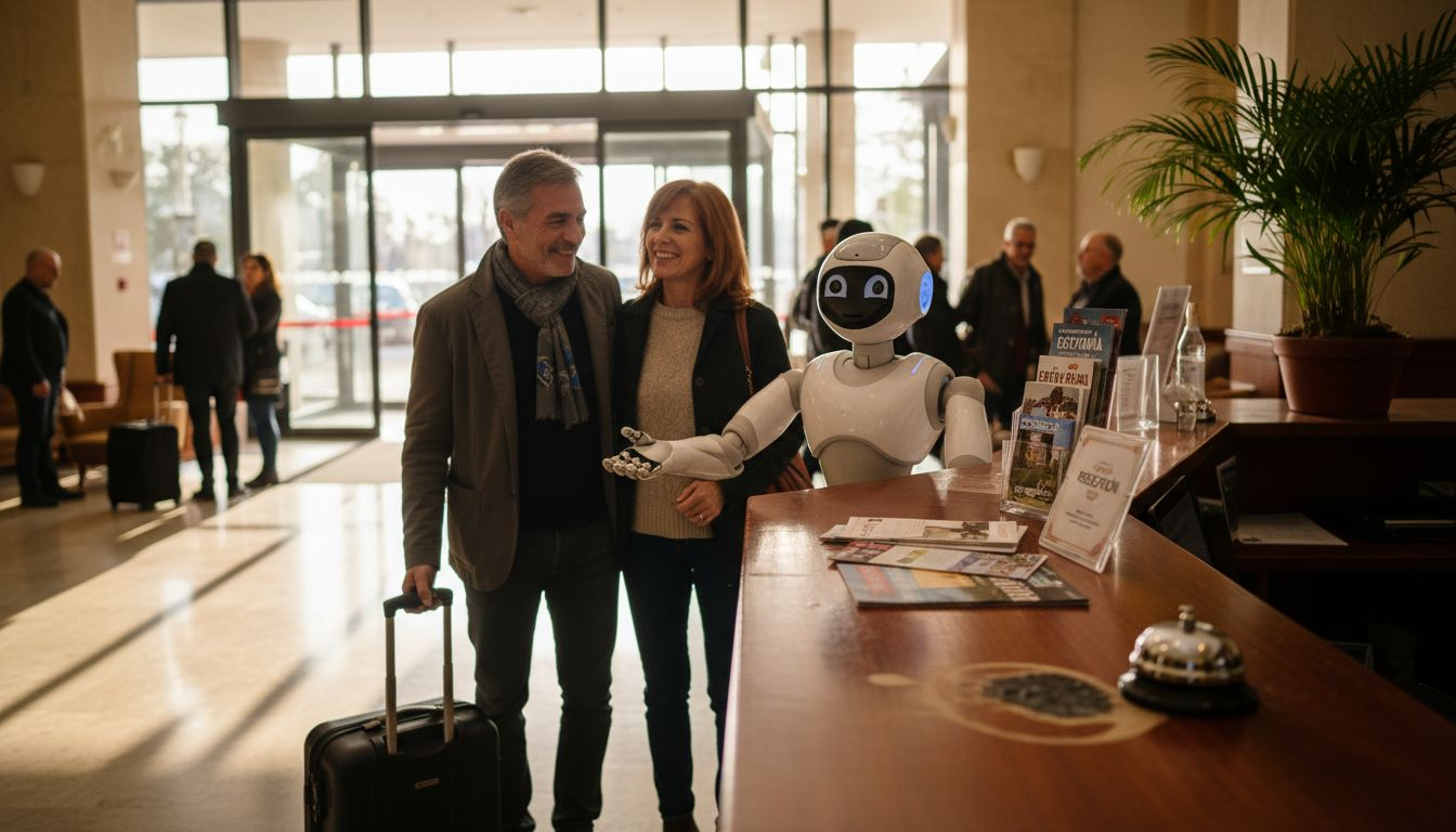 Un robot de servicio da la bienvenida a los huéspedes en el vestíbulo del hotel.