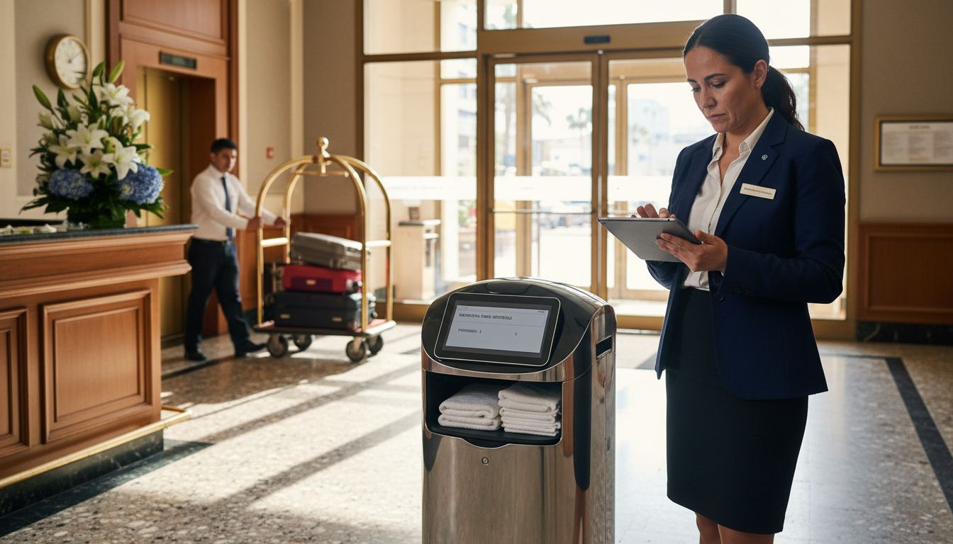 El gerente del hotel colaborando con un robot de servicio en el vestíbulo.
