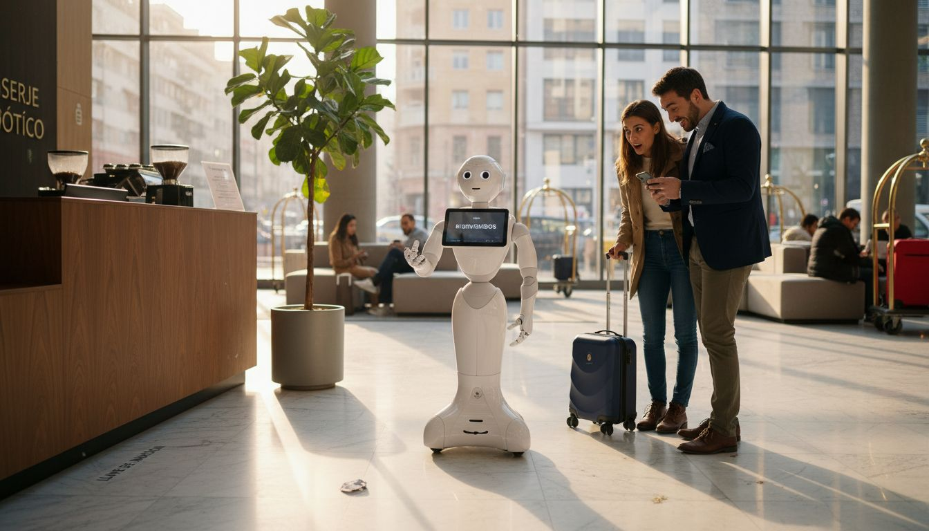 Un robot da la bienvenida a los huéspedes en la recepción del hotel.