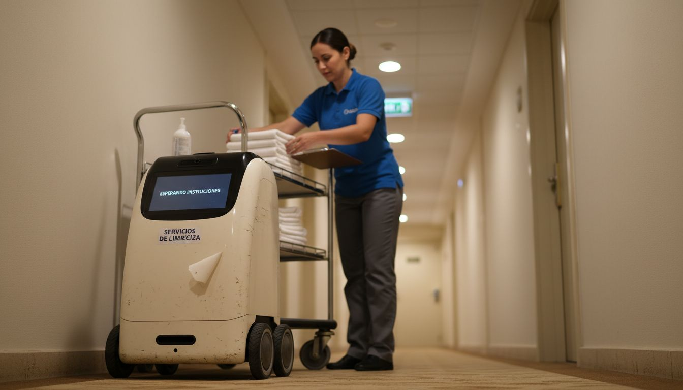 Camarera de hotel organizando toallas con la ayuda de un robot de servicio