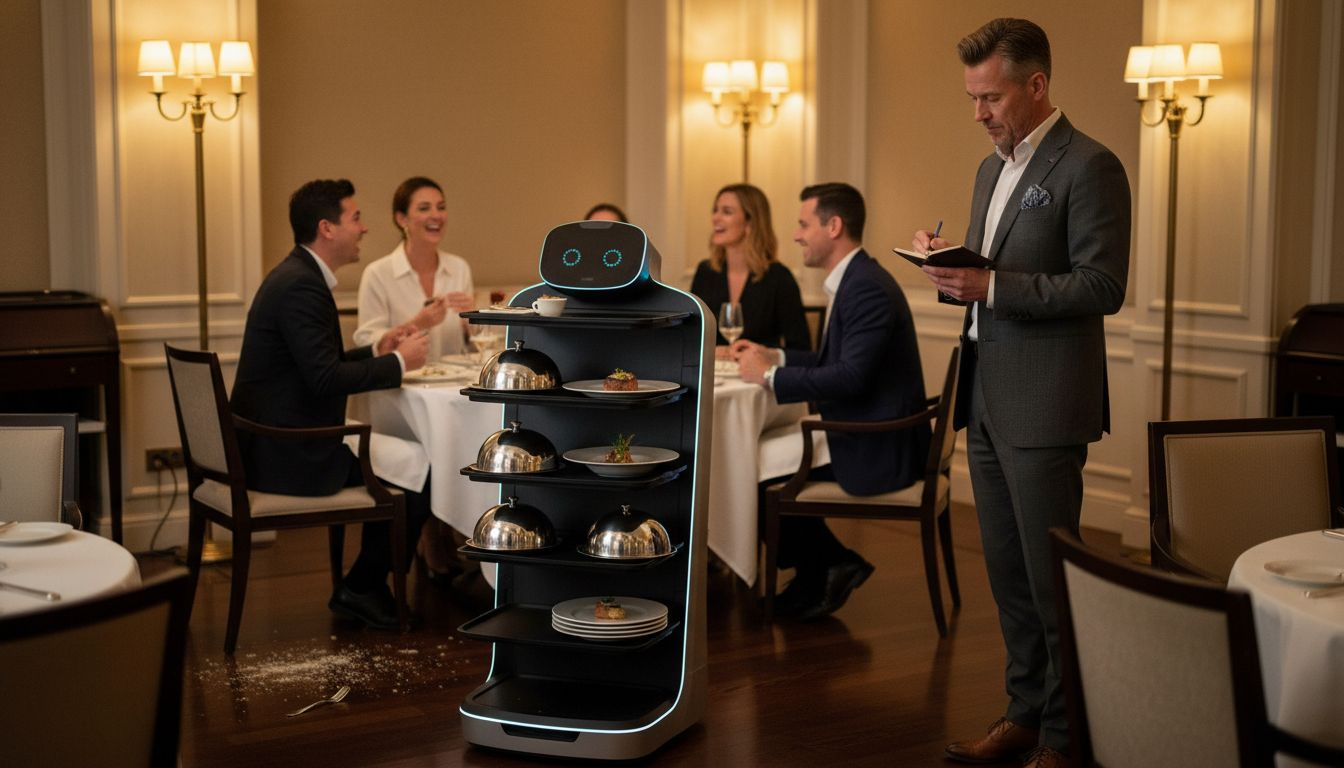 Un robot de servicio se desplaza entre las mesas del restaurante del hotel, atendiendo a los comensales.