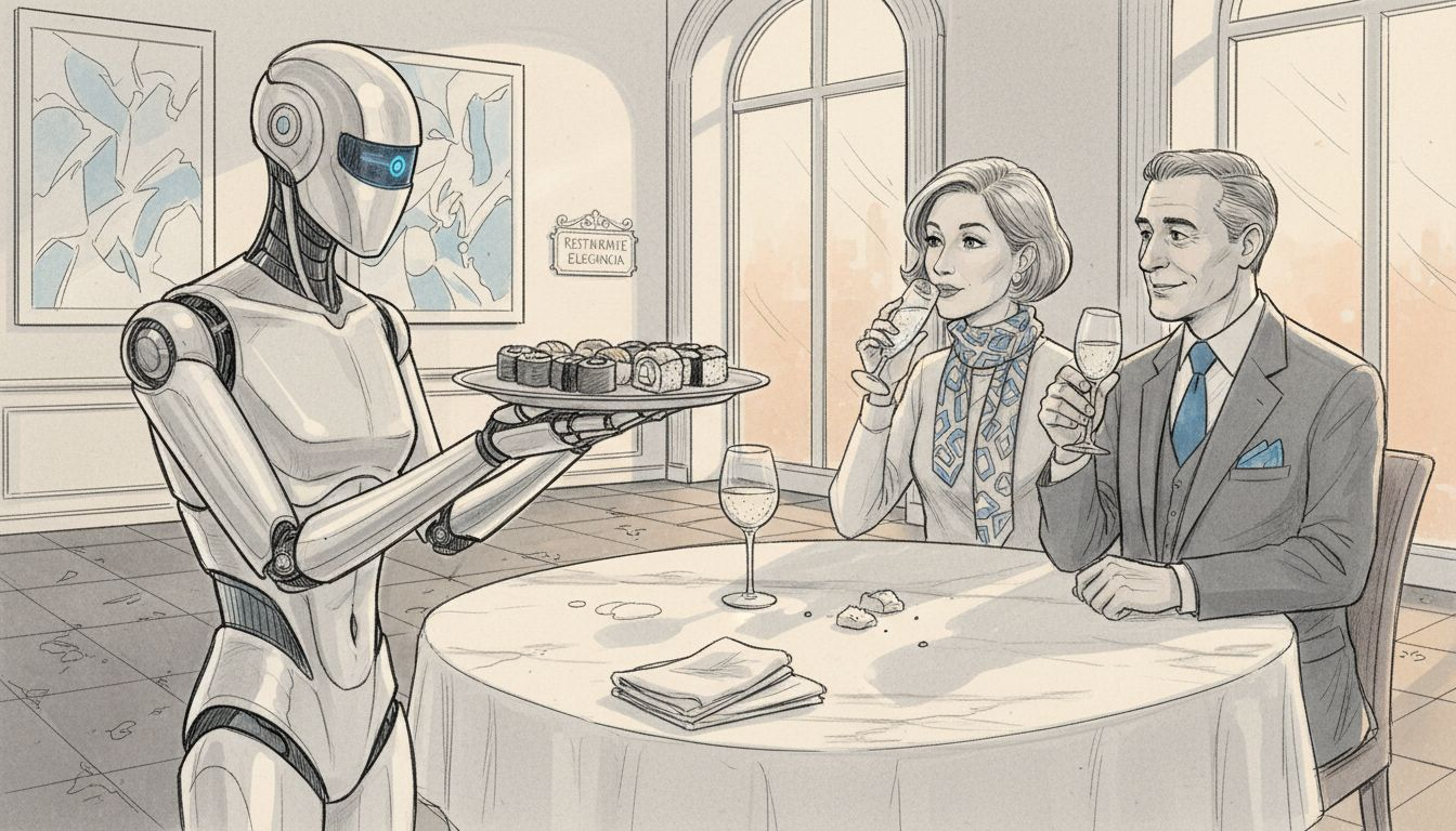 Un robot camarero atiende las mesas y sirve los platos en un restaurante de alta gama.