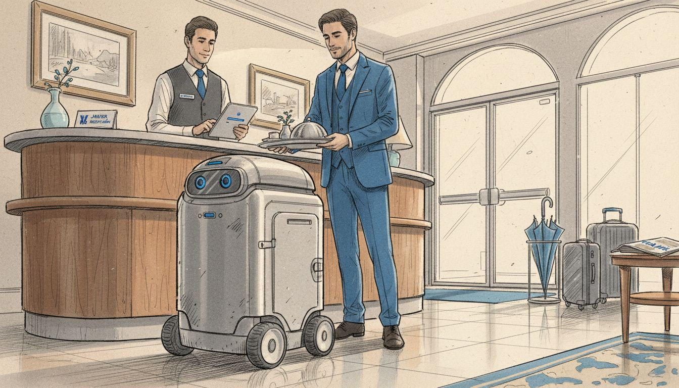 Un robot entrega el servicio de habitaciones en el vestíbulo del hotel