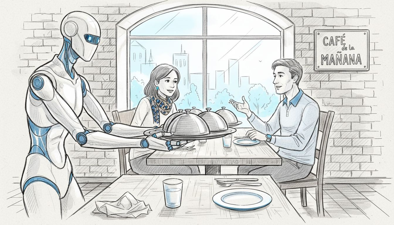 Un robot atiende a los comensales llevando sus platos a las mesas en un restaurante.