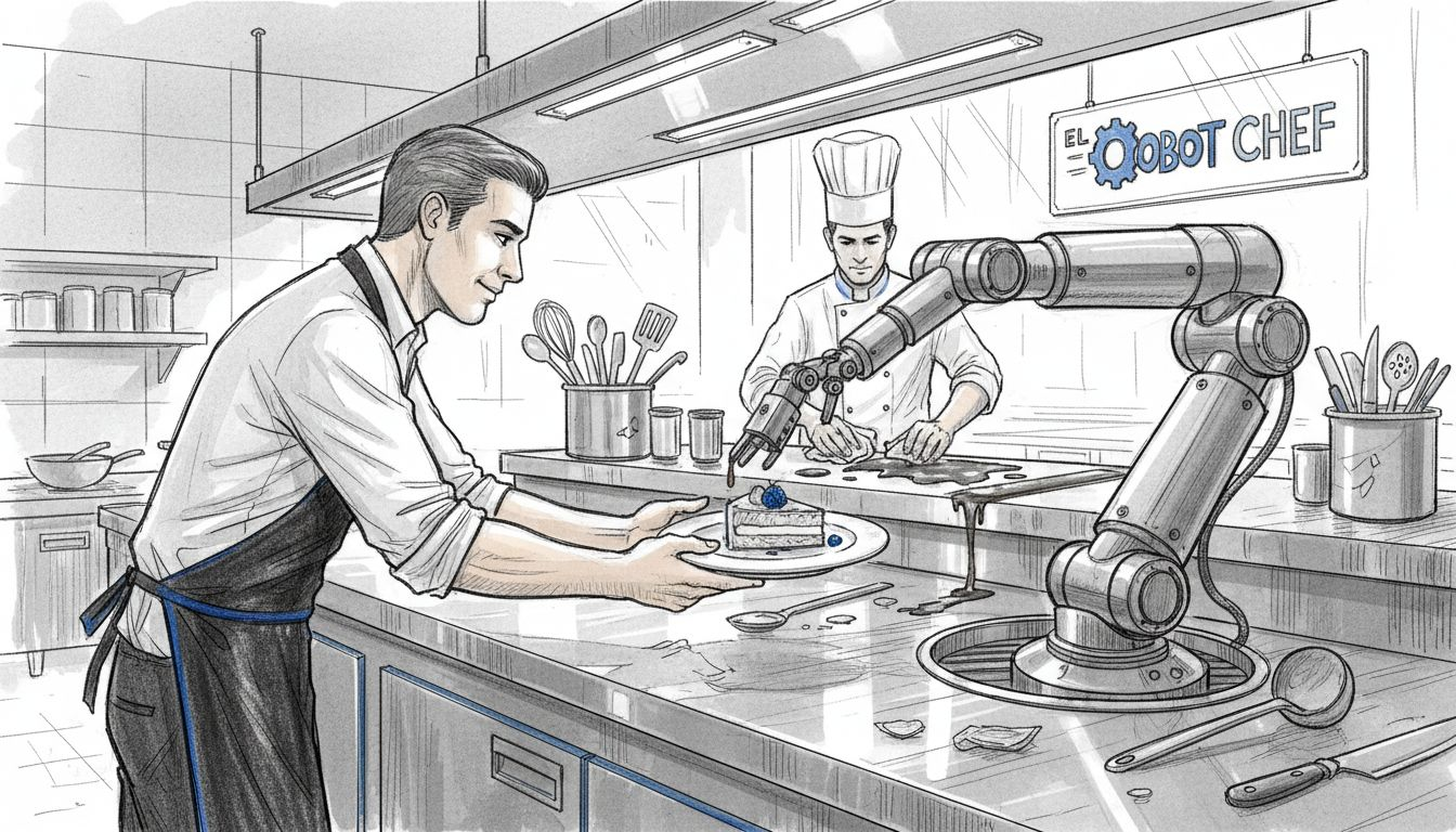 Un camarero y un robot trabajando juntos en la cocina de un restaurante