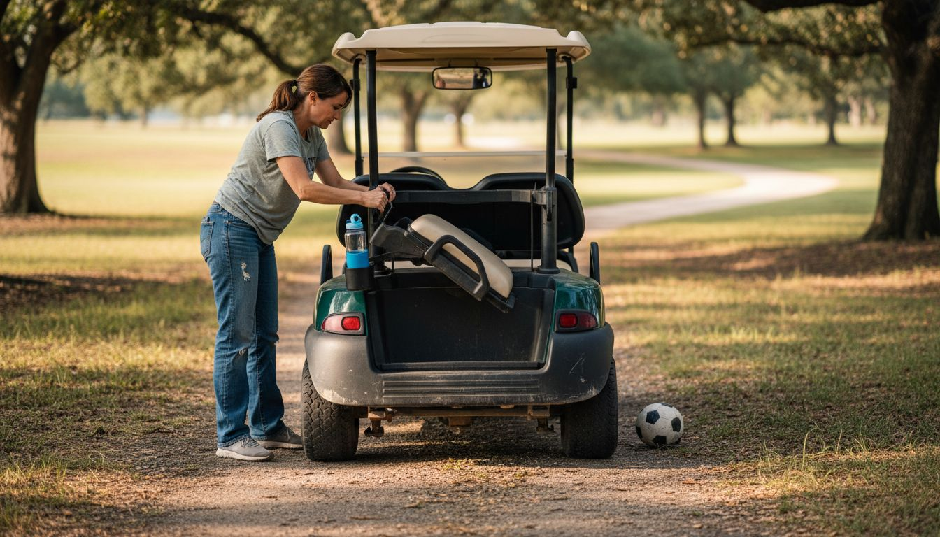 Woman folding flip rear seat on golf cart