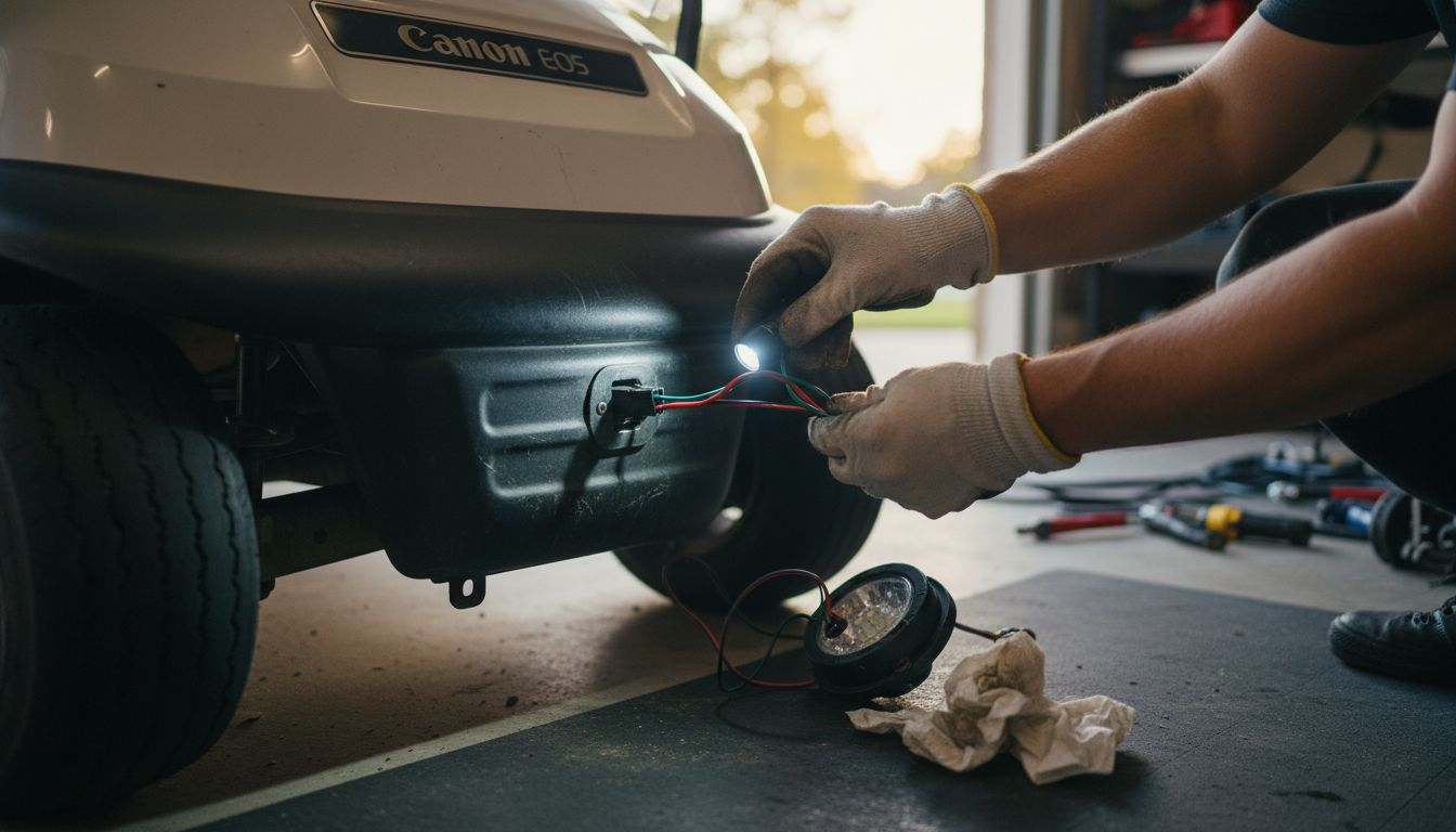 Hands wiring new light on golf cart bumper