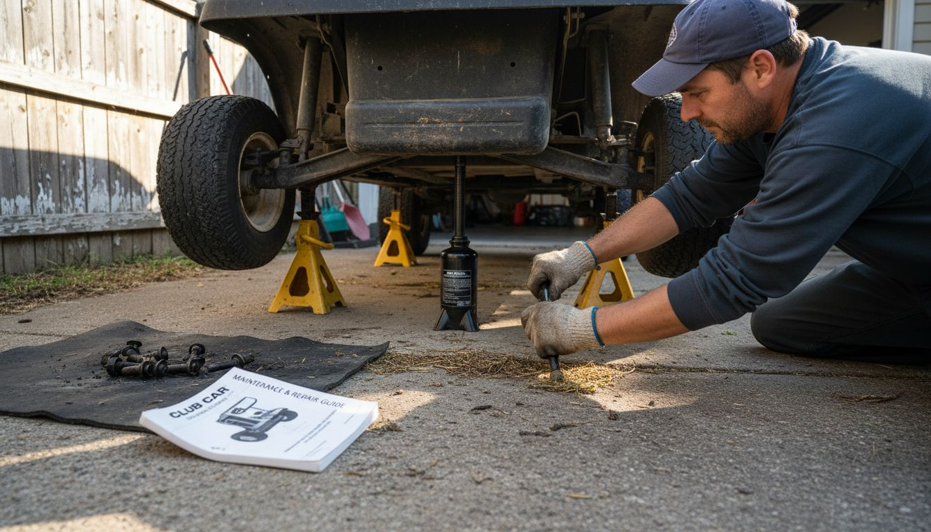 Person safely raising golf cart for maintenance