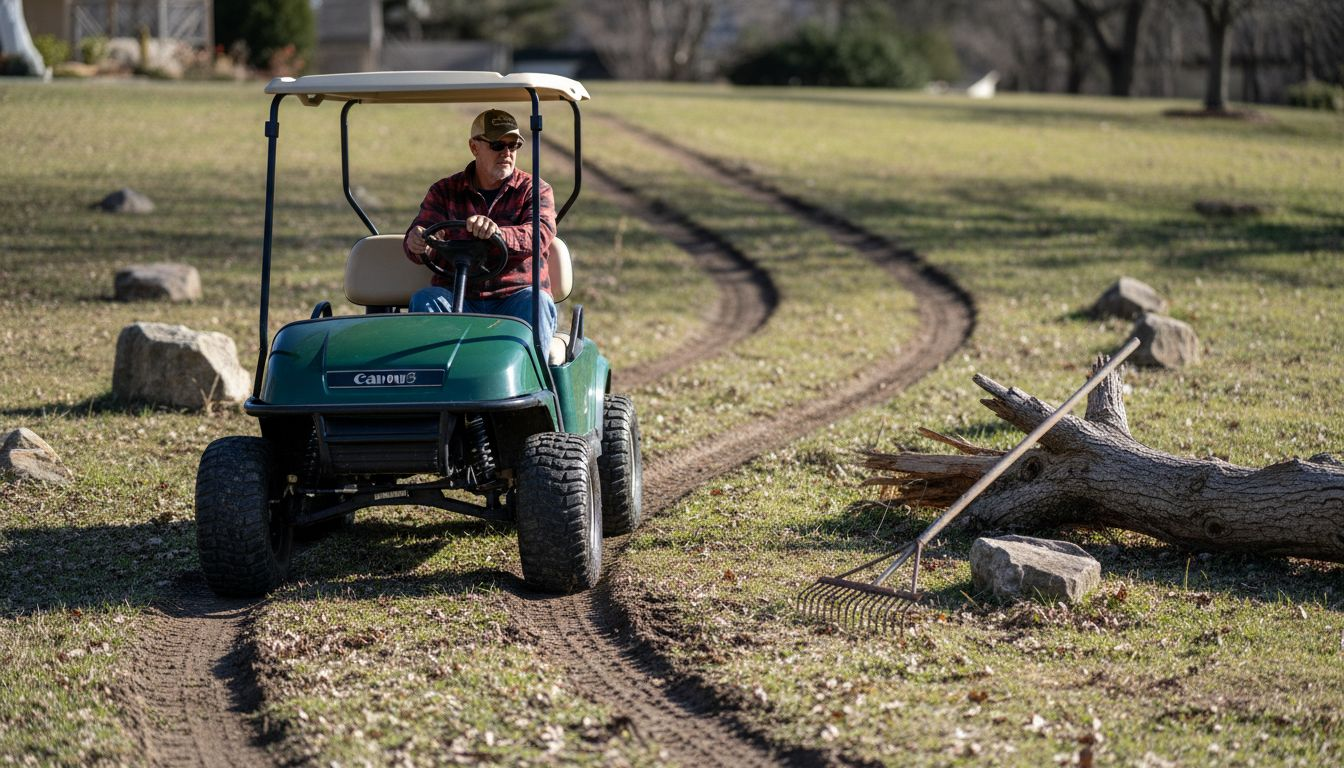Lifted golf cart drives over rocky terrain
