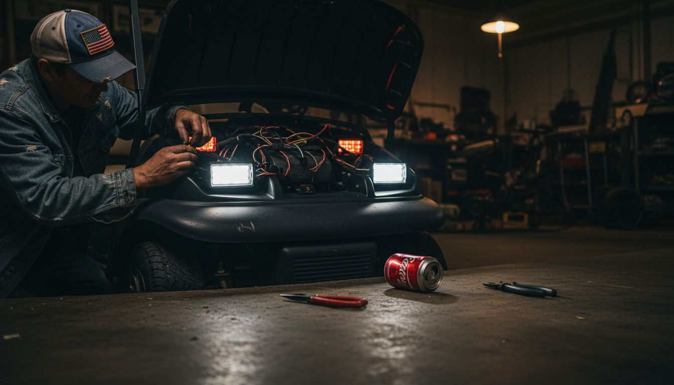Technician installs LED golf cart lights