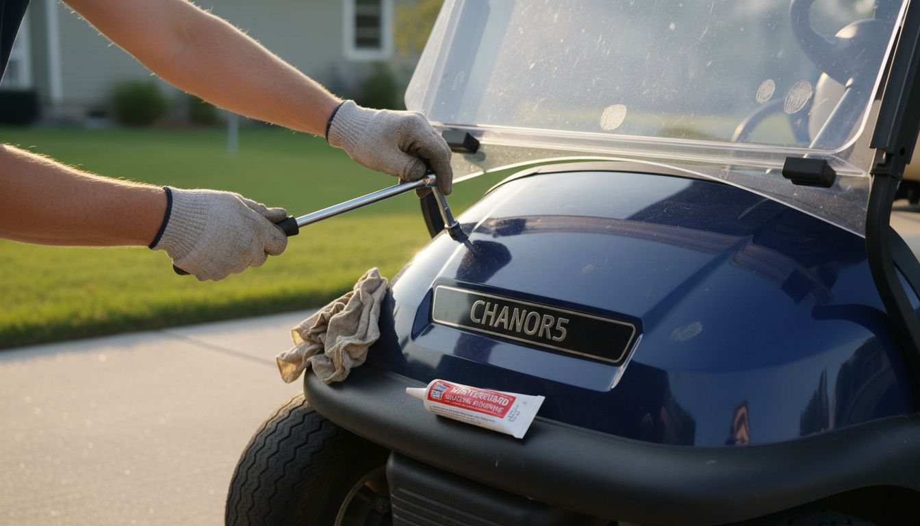 Close-up of hands tightening golf cart windshield bolts