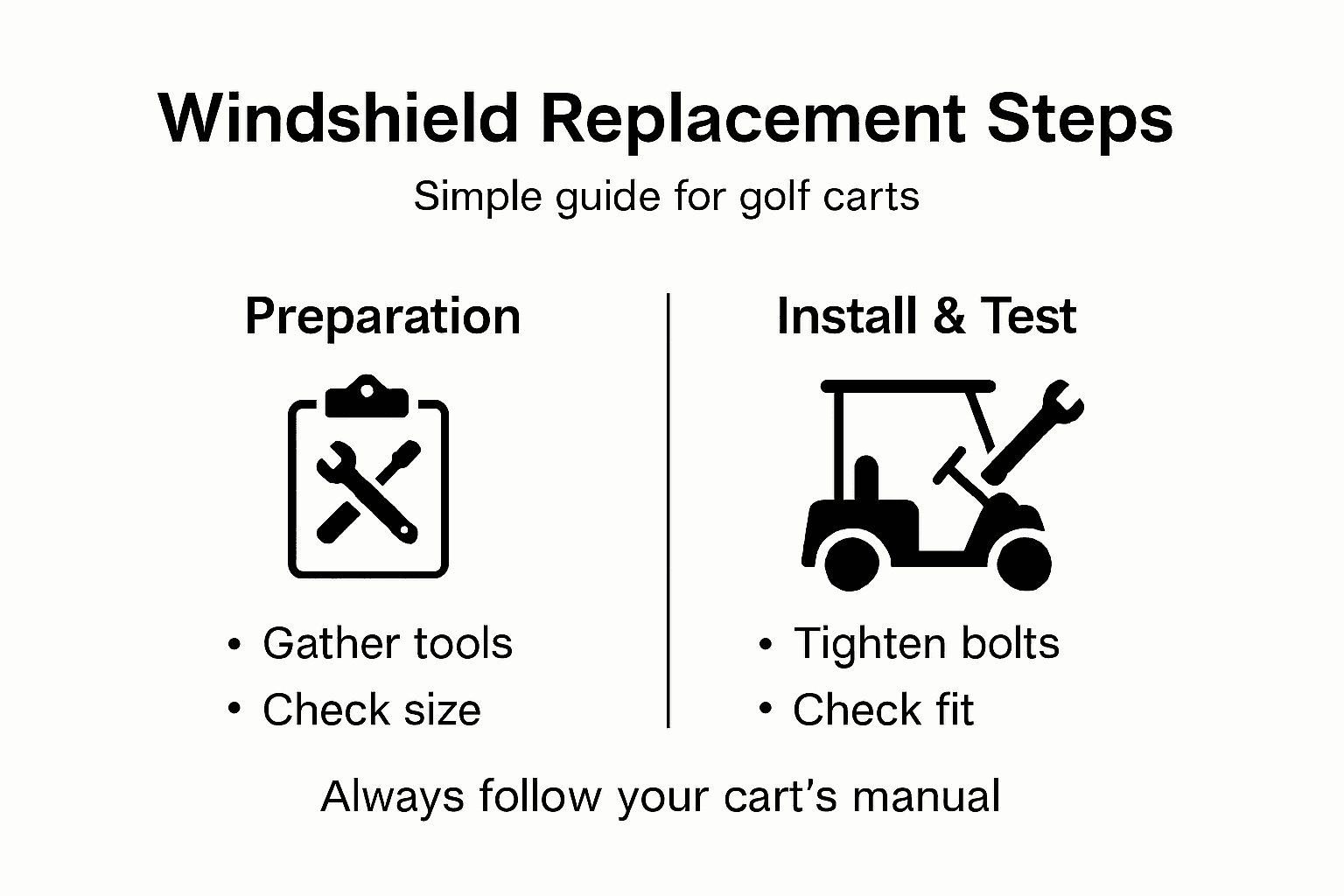 Infographic showing key golf cart windshield steps