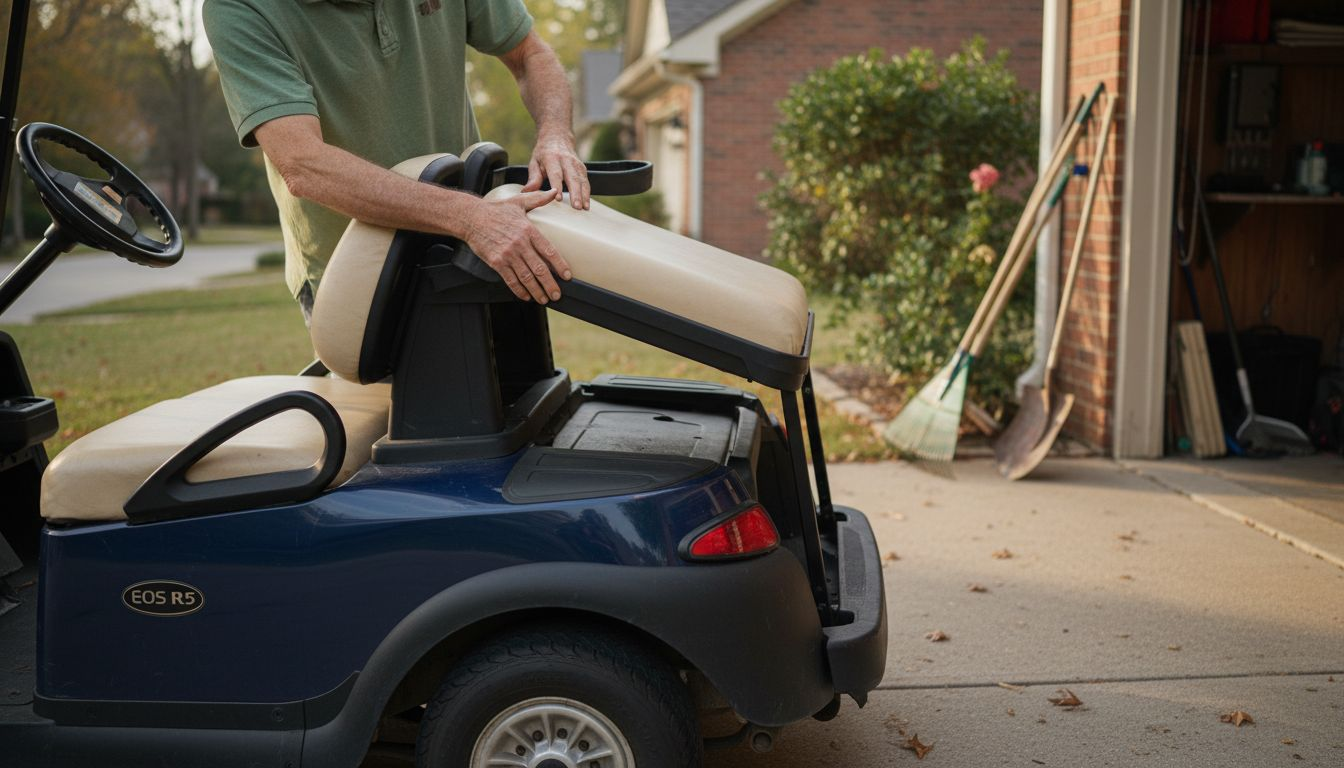 Golf cart owner flipping rear seat for storage