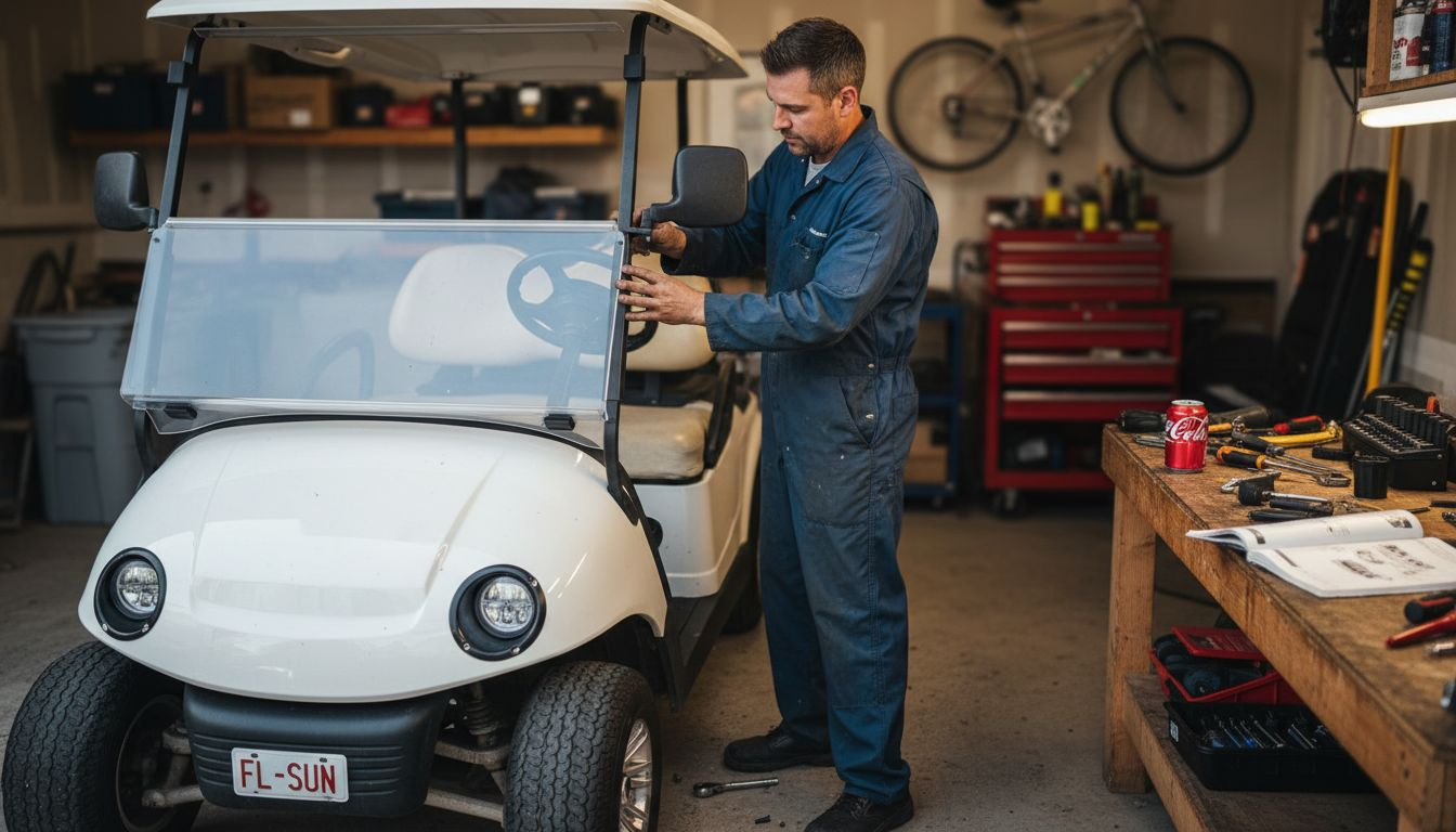 Mechanic adding mirror to golf cart