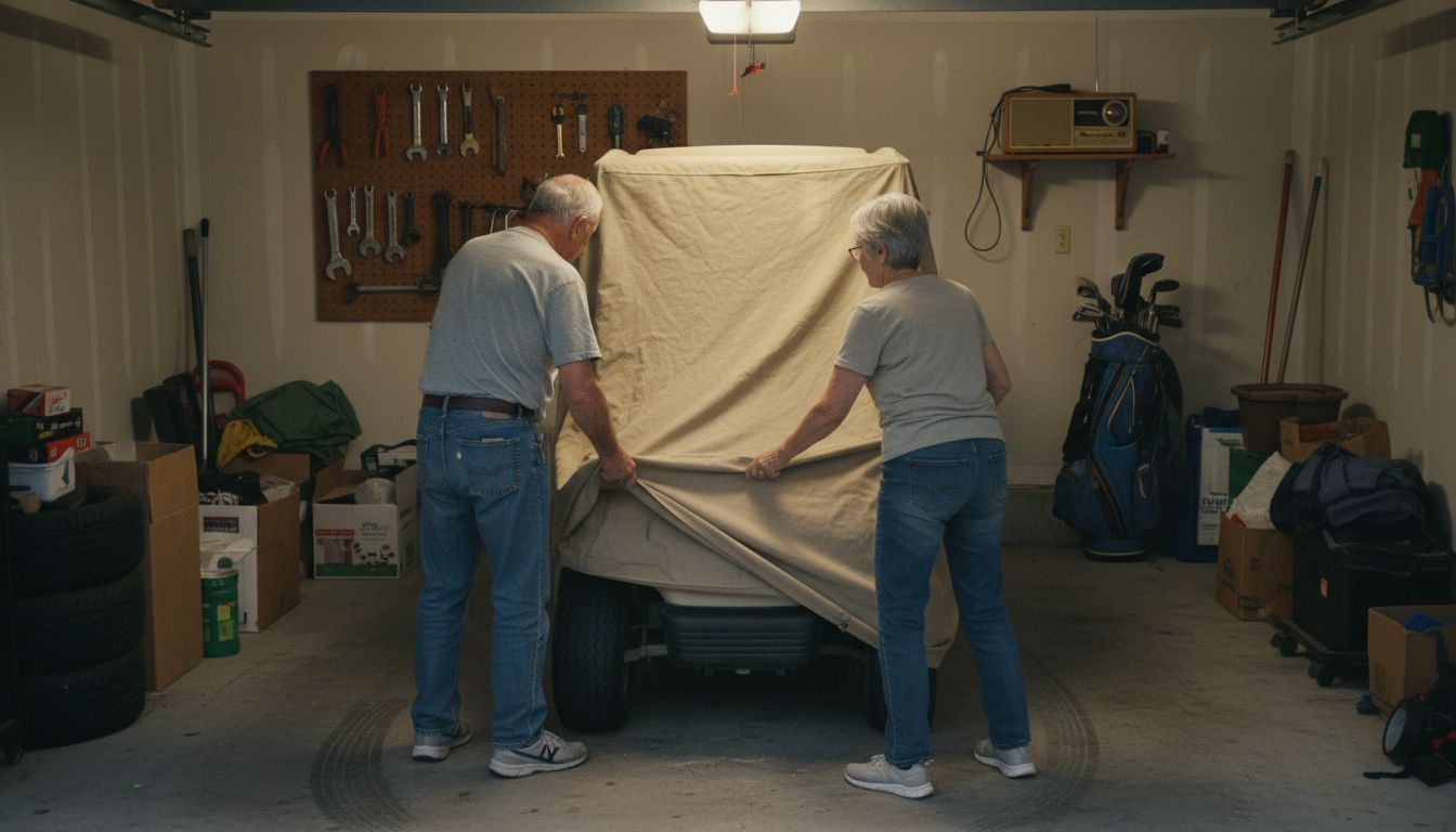 Couple covering golf cart in garage