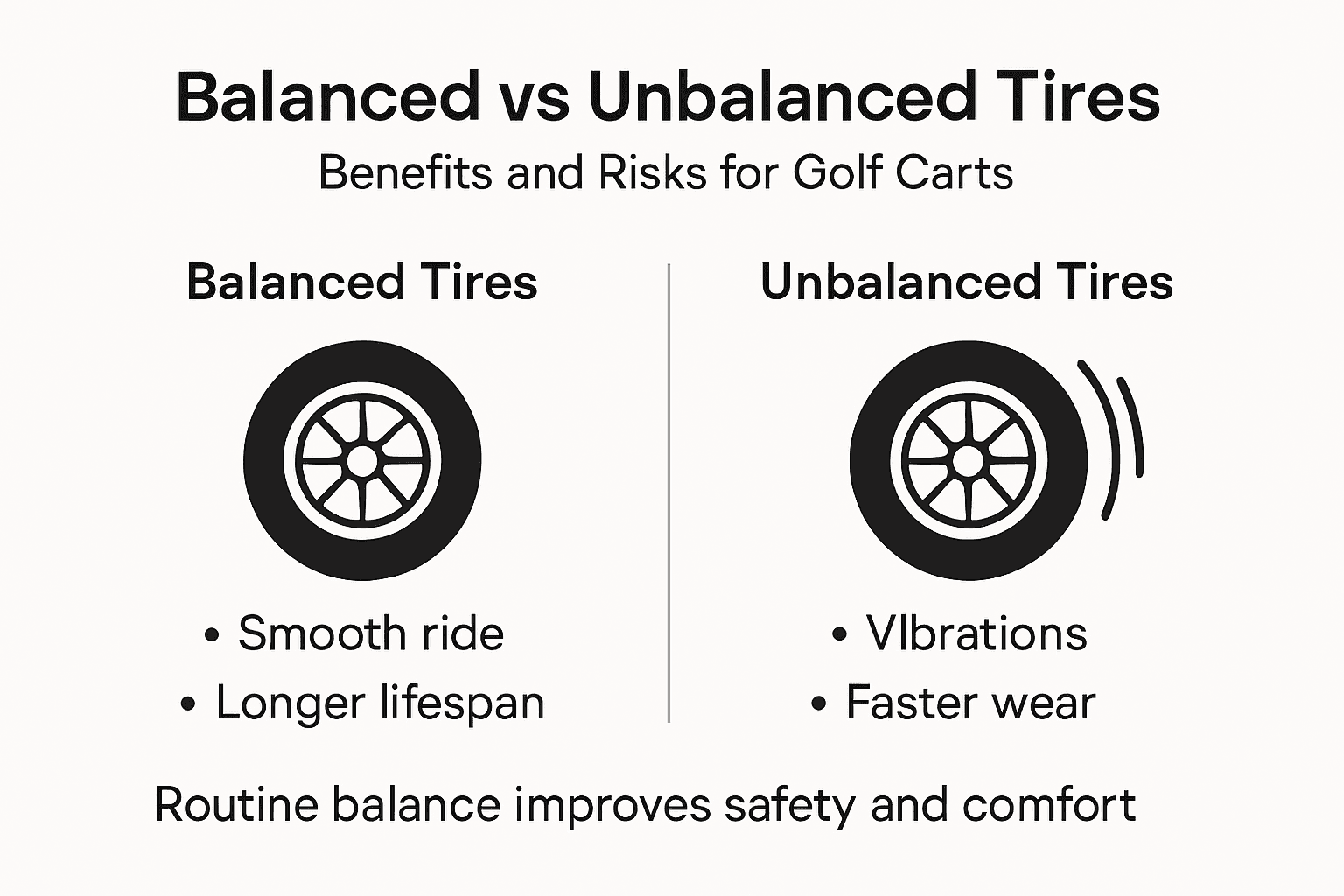 Infographic comparing balanced and unbalanced golf cart tires