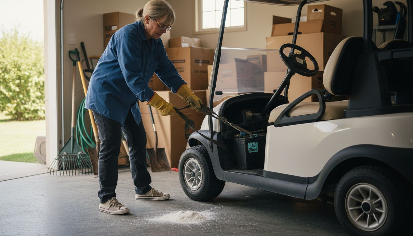 Woman carefully removing golf cart battery