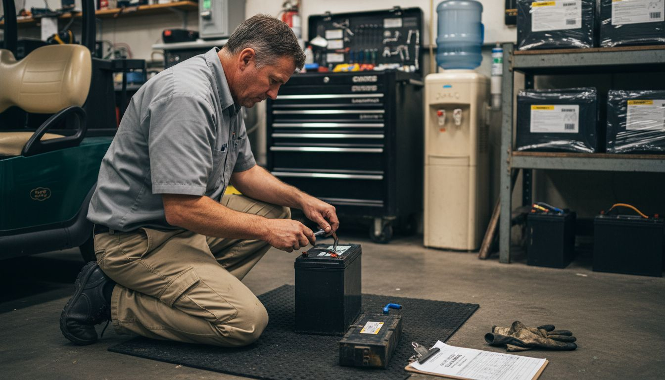 Technician replacing golf cart lithium battery