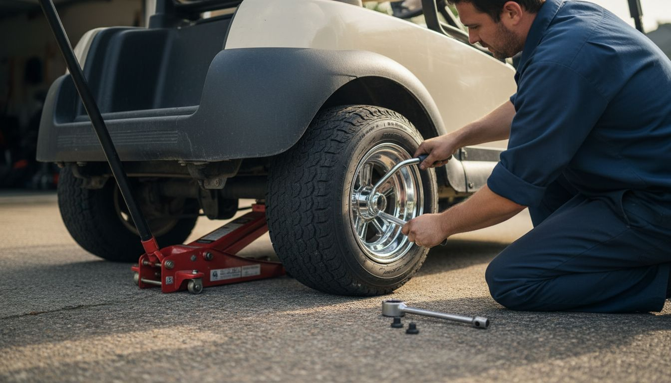 Mechanic installing new tire on golf cart