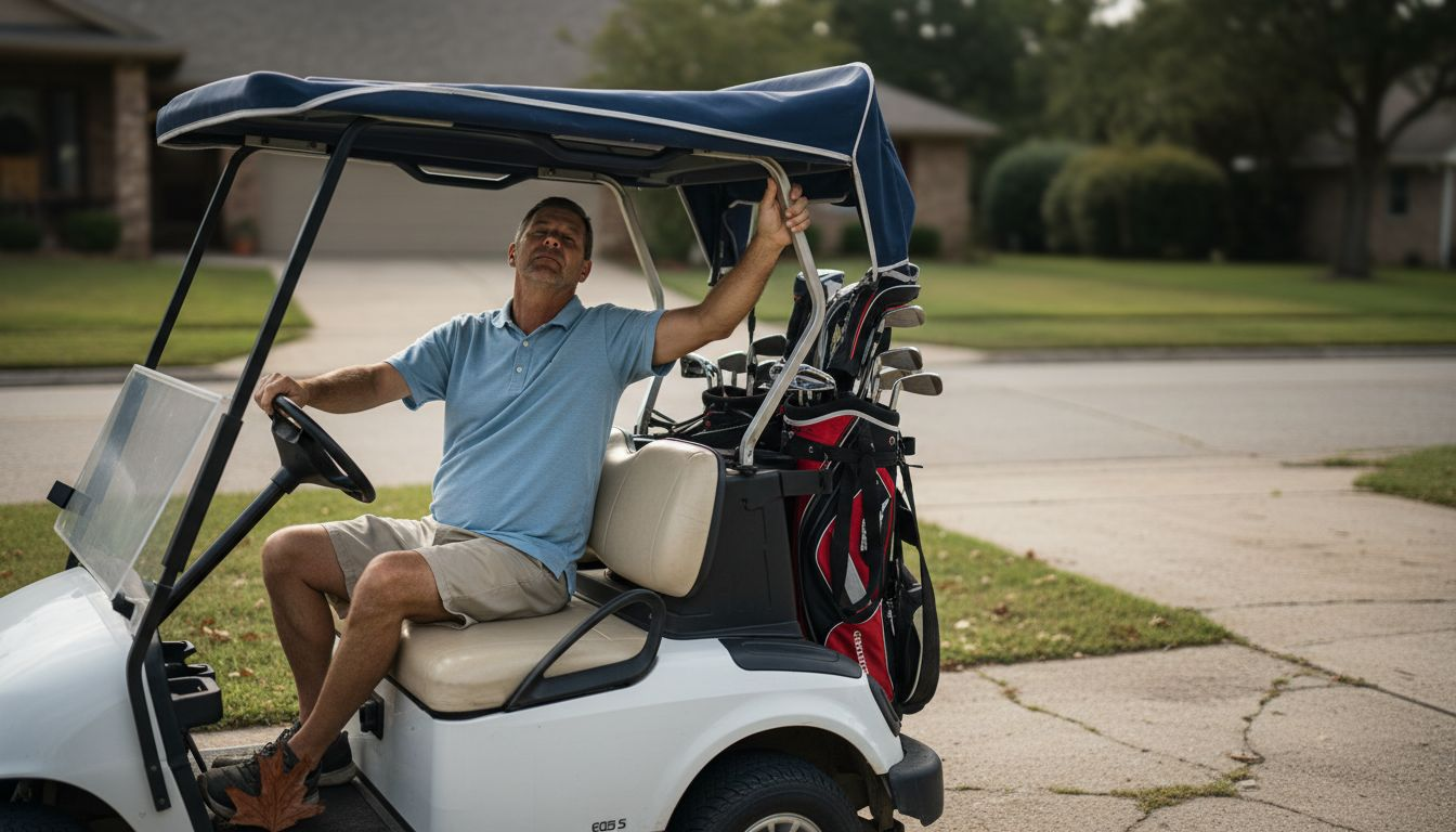 Man adjusting retractable canopy on golf cart
