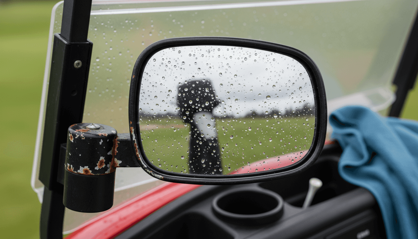 Convex mirror with raindrops on golf cart