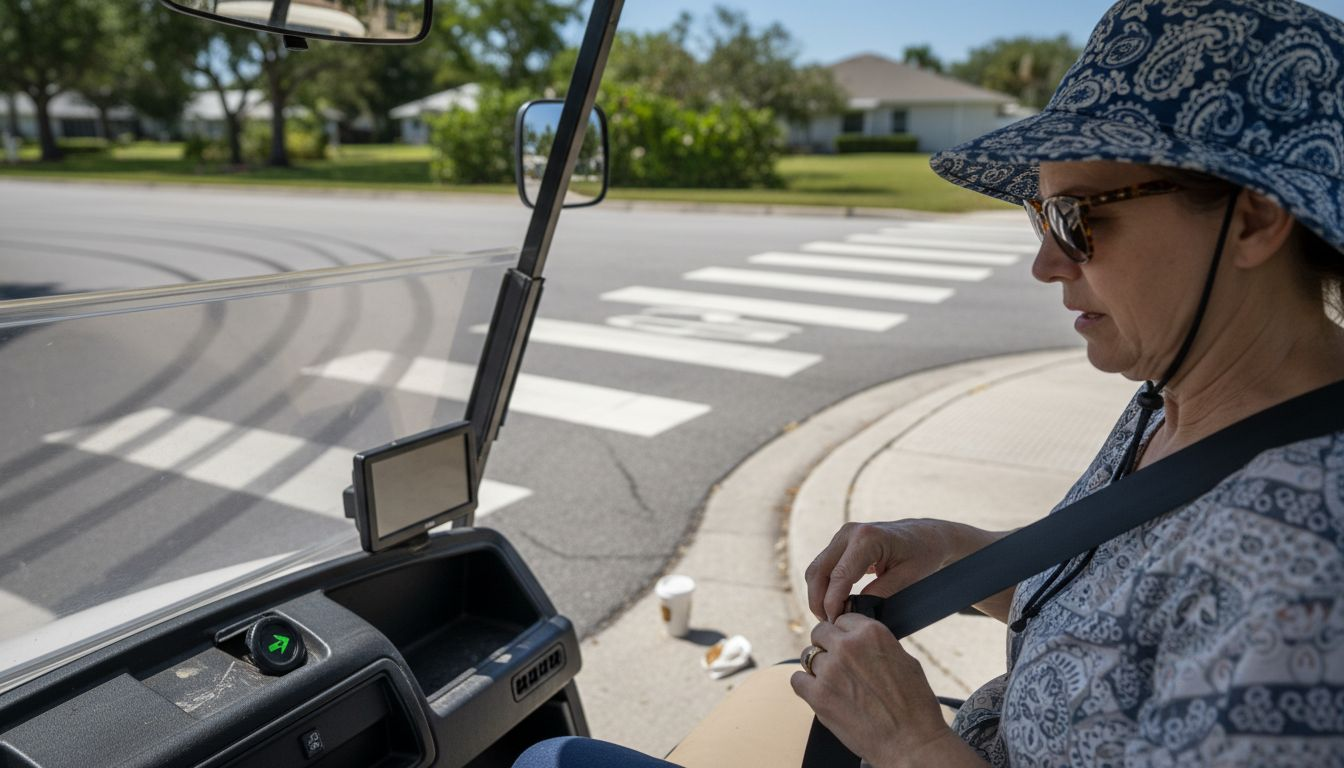 Woman buckling seatbelt in accessorized golf cart