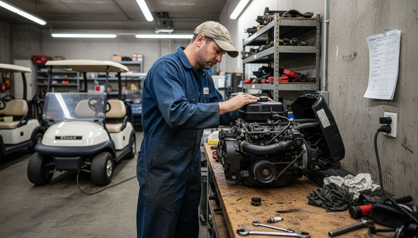 Mechanic servicing gas and electric golf carts