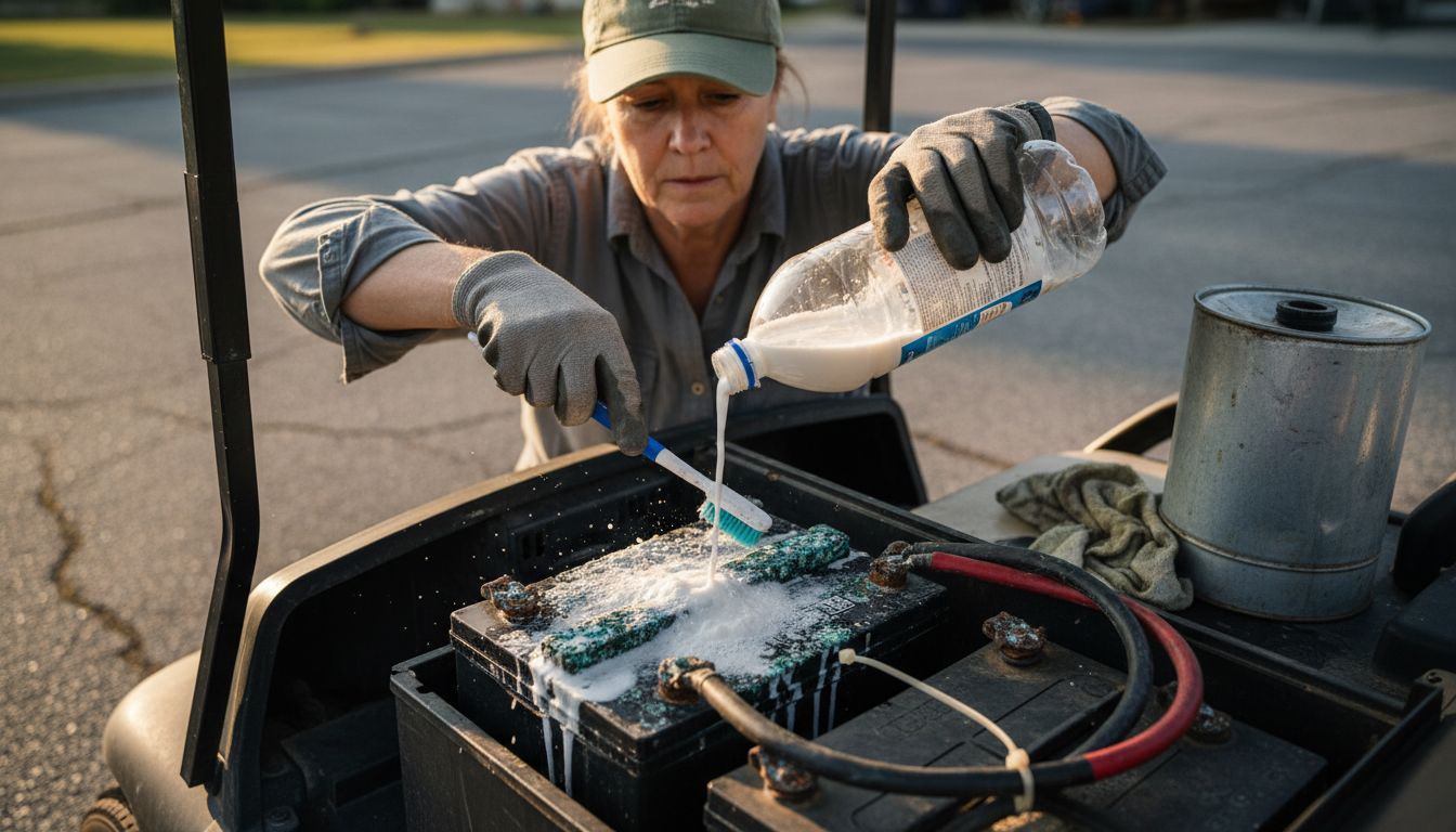 Cleaning golf cart battery terminals outdoors