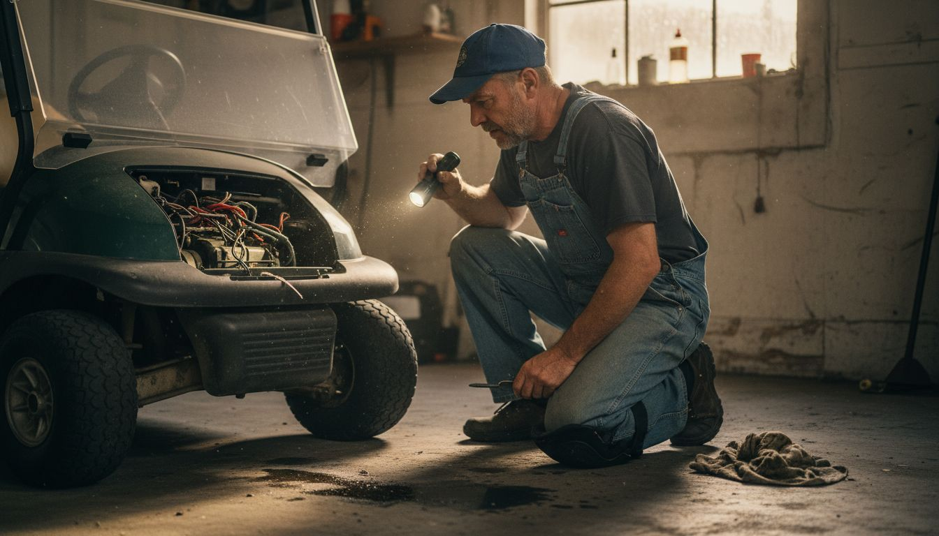 Inspecting golf cart motor wires with flashlight