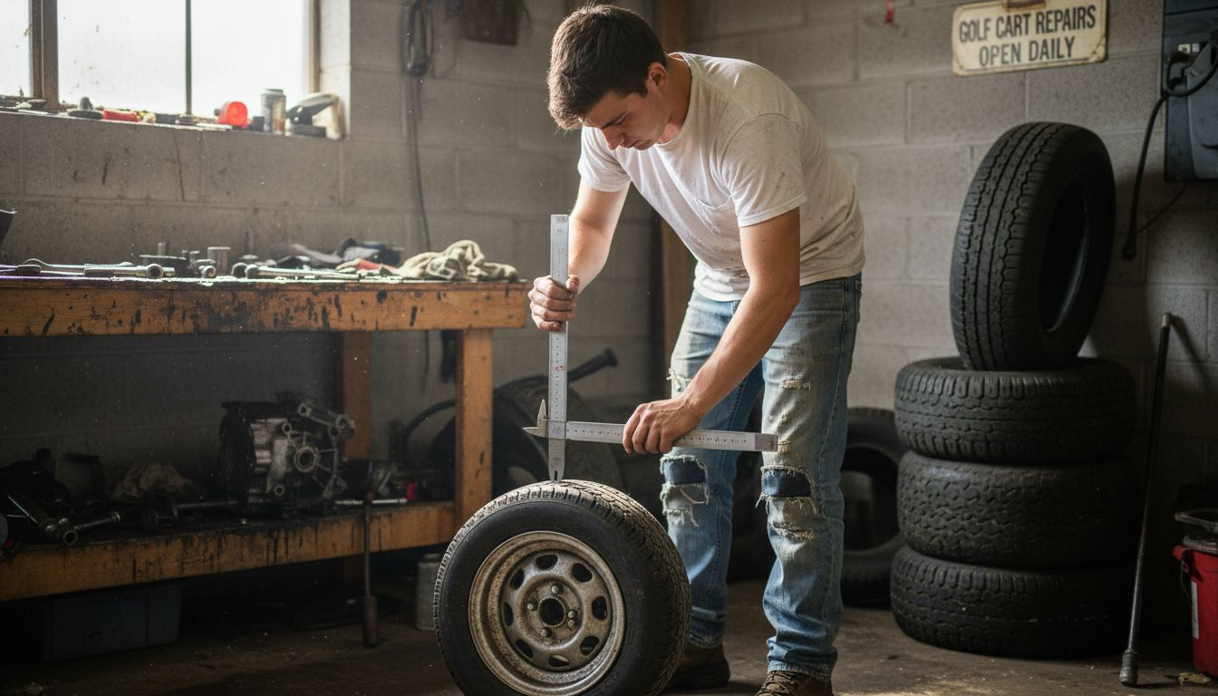 Worker measuring golf cart rim diameter