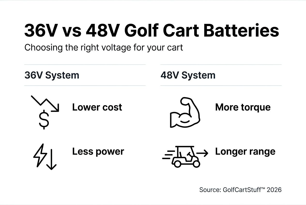 Infographic comparing 36V and 48V golf cart batteries