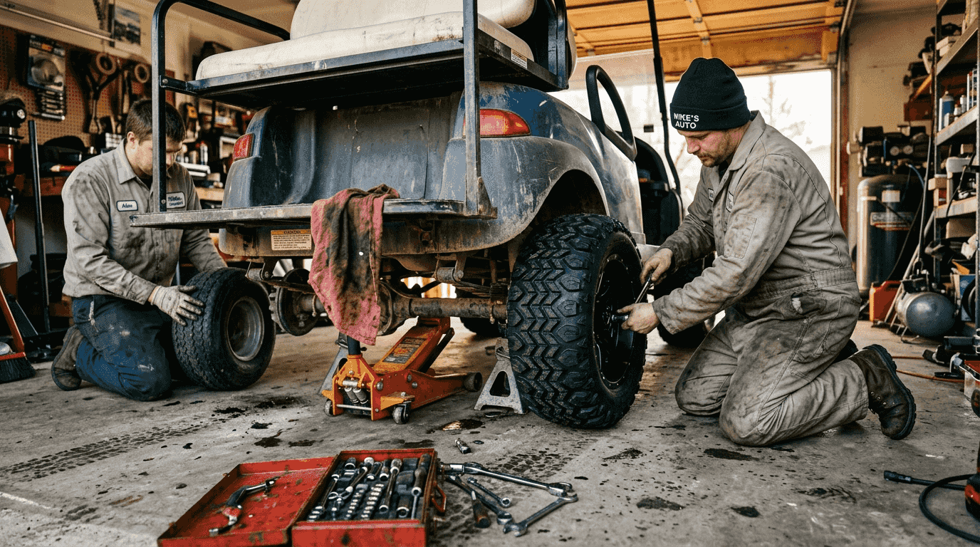 Mechanics upgrading golf cart with lift kit