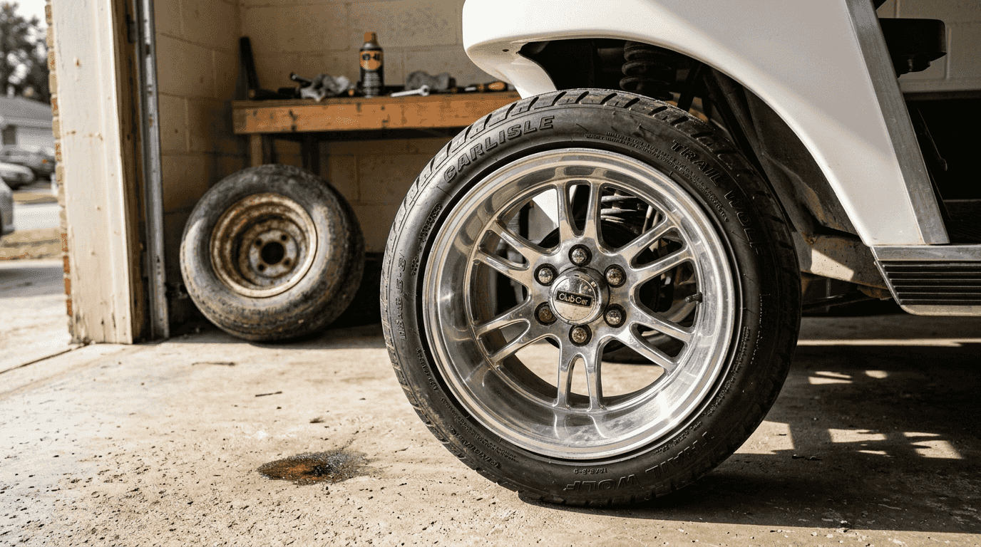 Close-up of shiny aluminum golf cart wheel