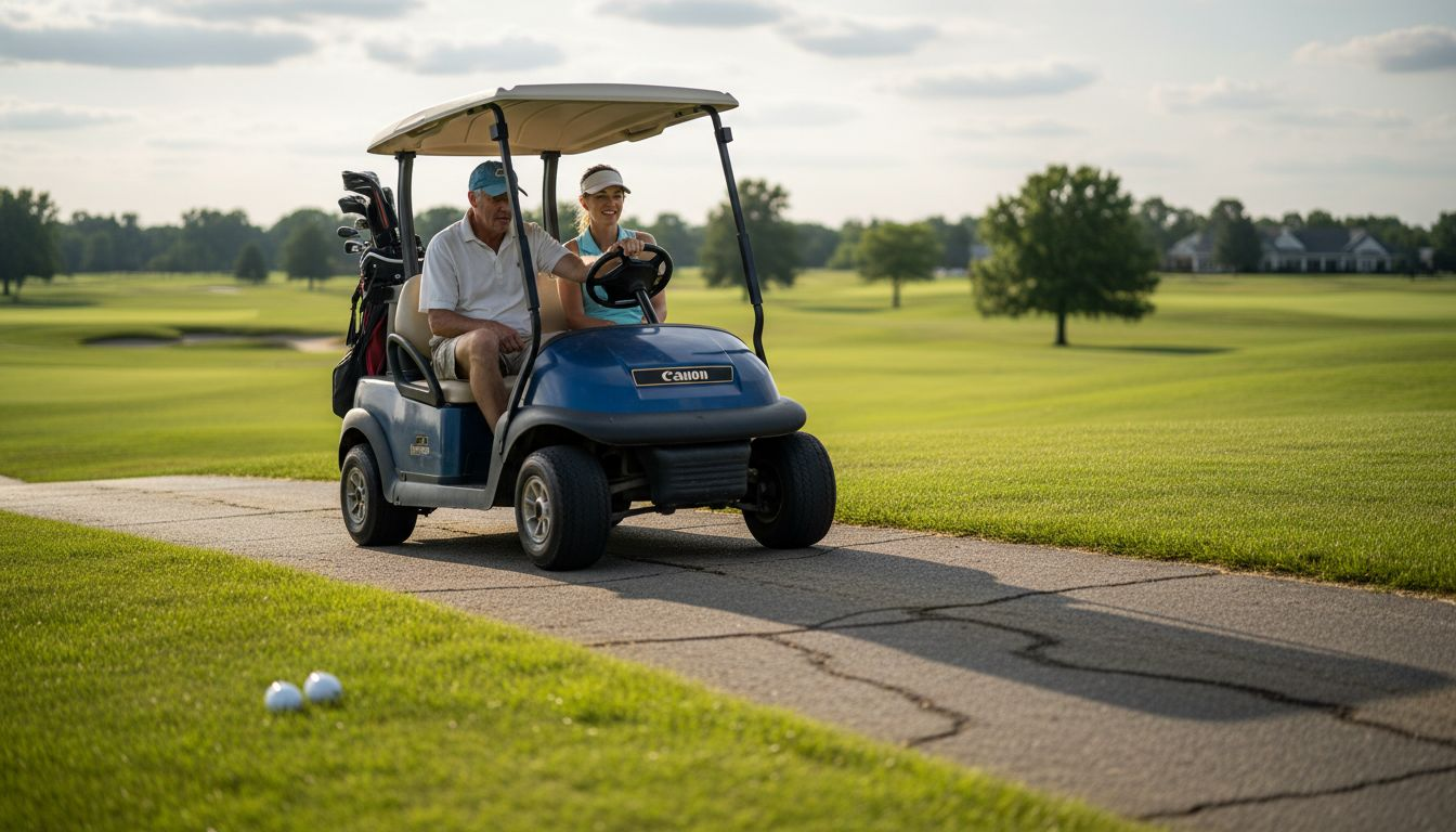 Golf cart climbing paved hill with passengers