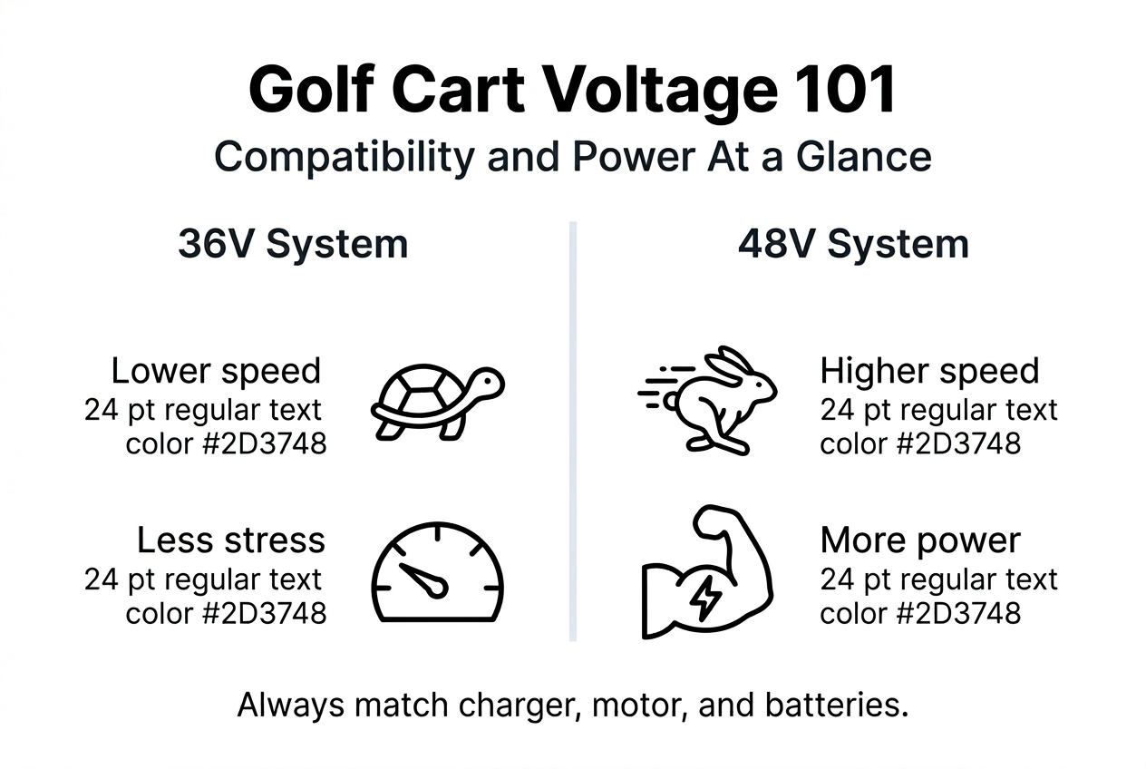 Infographic comparing 36V and 48V golf cart systems