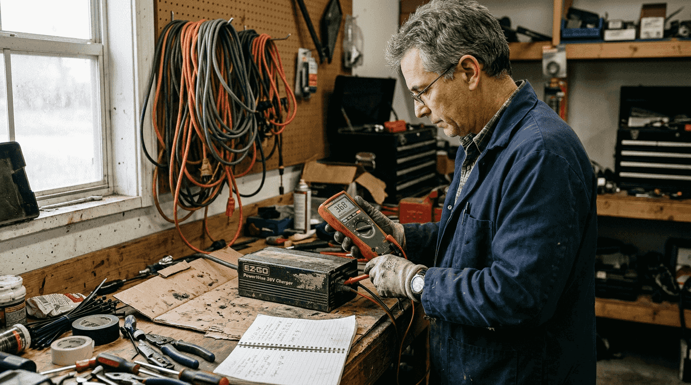 Person using multimeter to test charger voltage