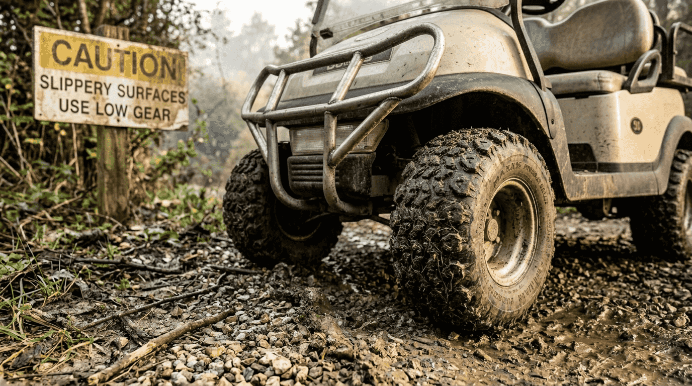 Golf cart tires gripping varied terrain