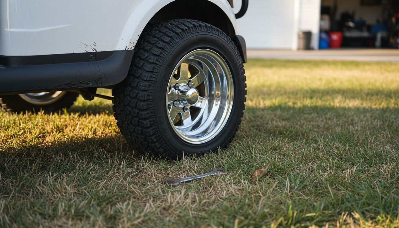 Golf cart all-terrain tire and wheel close-up