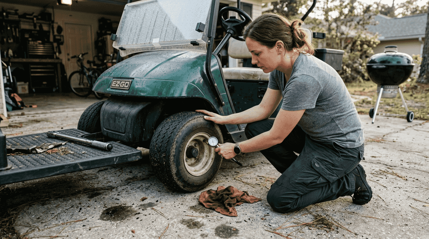 Checking golf cart tire pressure outdoors