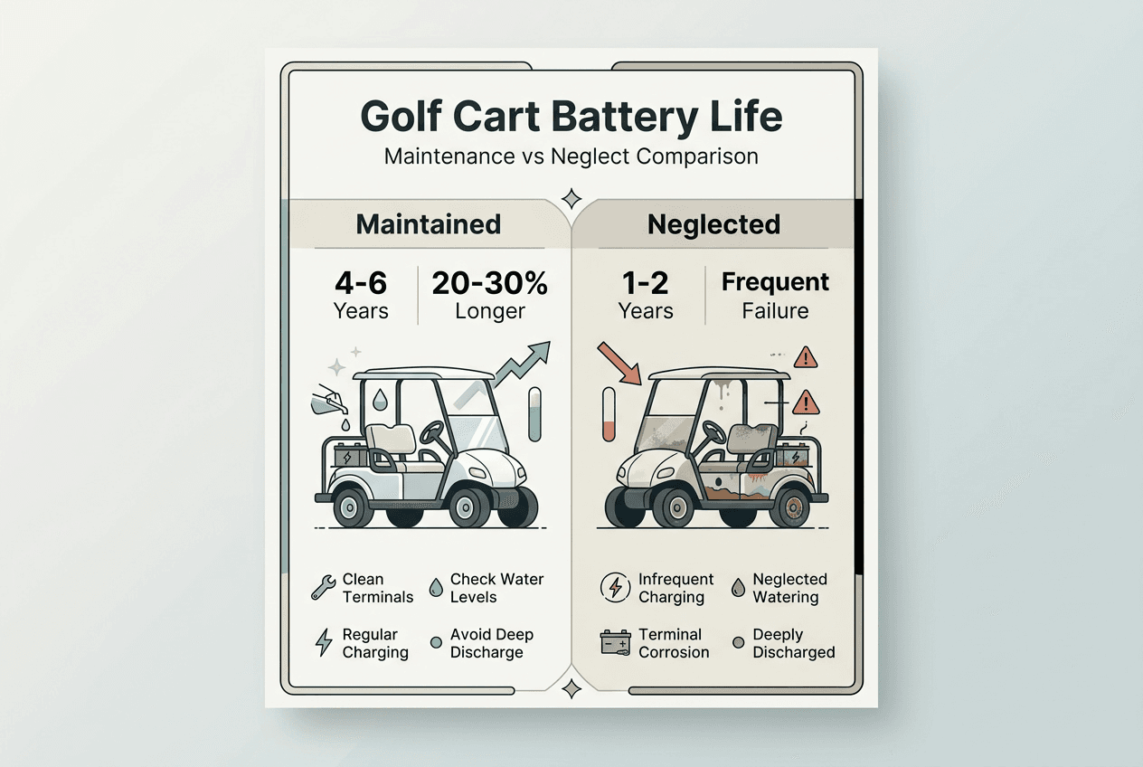 Infographic showing battery lifespan with and without maintenance