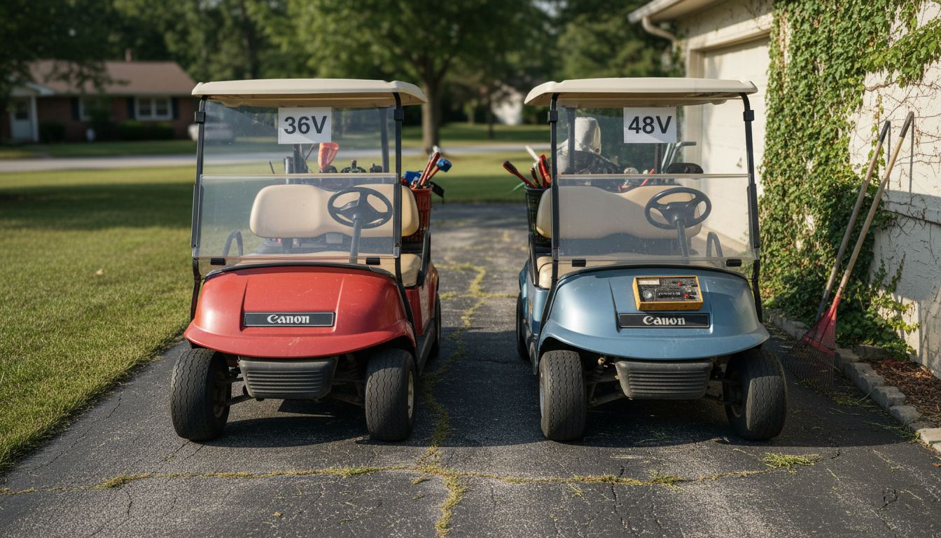 Two golf carts labeled 36V and 48V