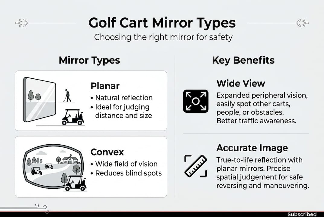 Infographic compares golf cart mirror types and benefits