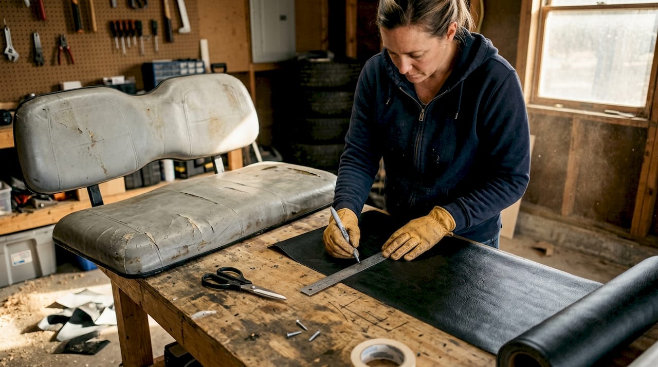 Woman measuring golf cart seat vinyl