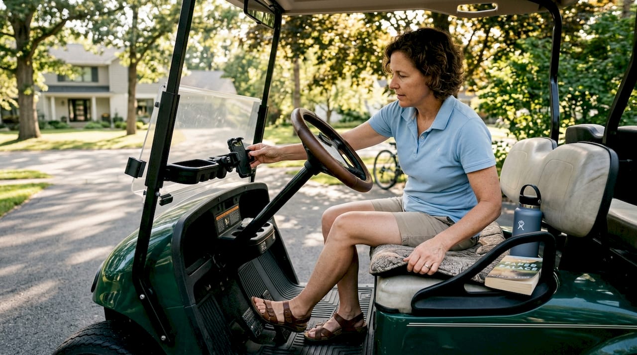 Driver installing comfort accessories in golf cart