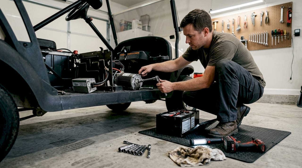 Technician upgrading golf cart motor garage