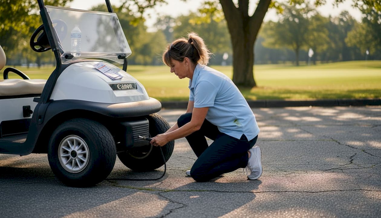 Woman checking golf cart tire pressure