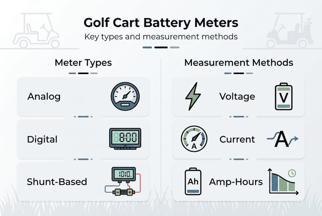 Infographic showing golf cart battery meter types