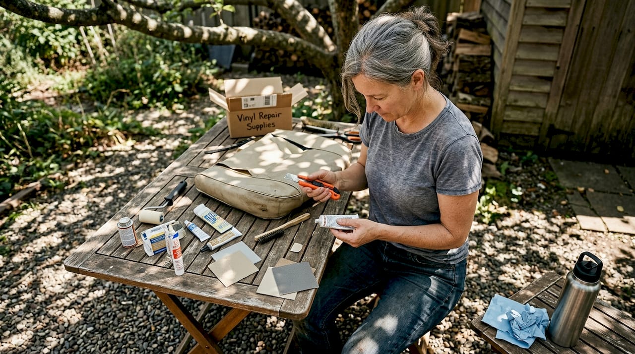 Woman preparing tools for seat repair outside